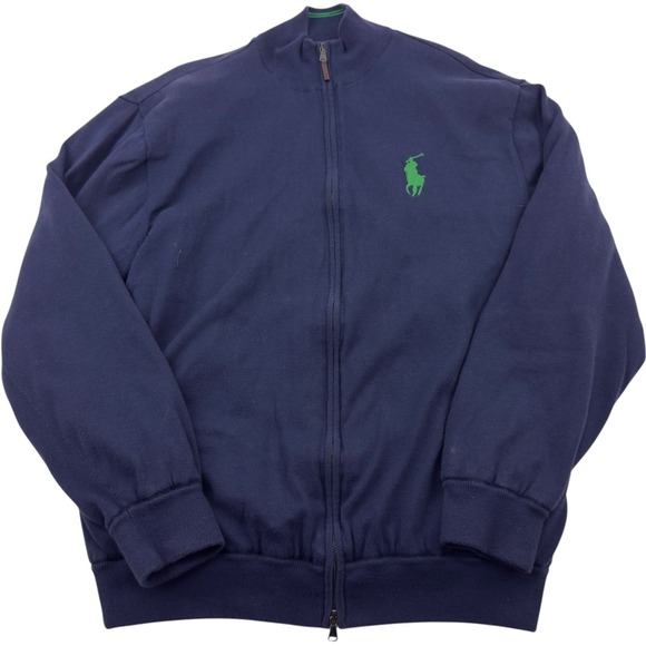 Polo Ralph Lauren Blue w/ Green Large Logo Full Double Zip Sweater Men's Size XL - Picture 2 of 8